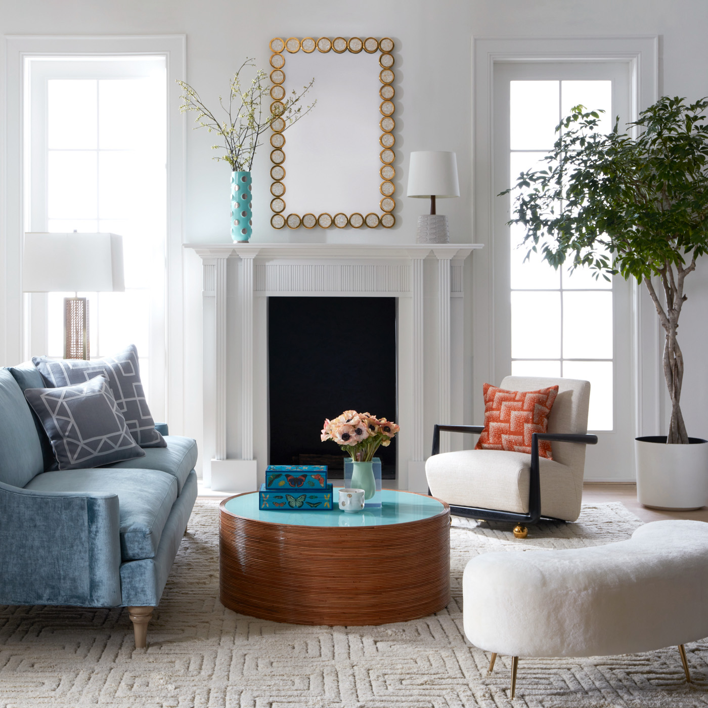 Jonathan Adler Kidney Ottoman  Blue couch living room, Modern glam living  room, Living room decor modern